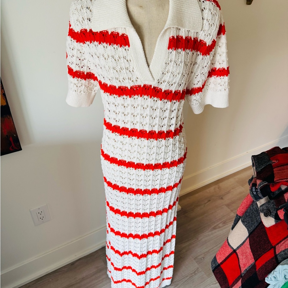Striped Knit Dress in coral and White
